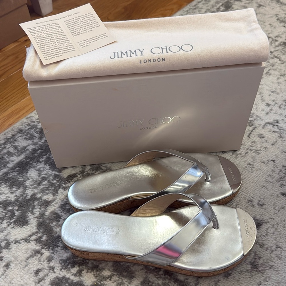 Jimmy Choo Pence Silver Metallic Cork Thong